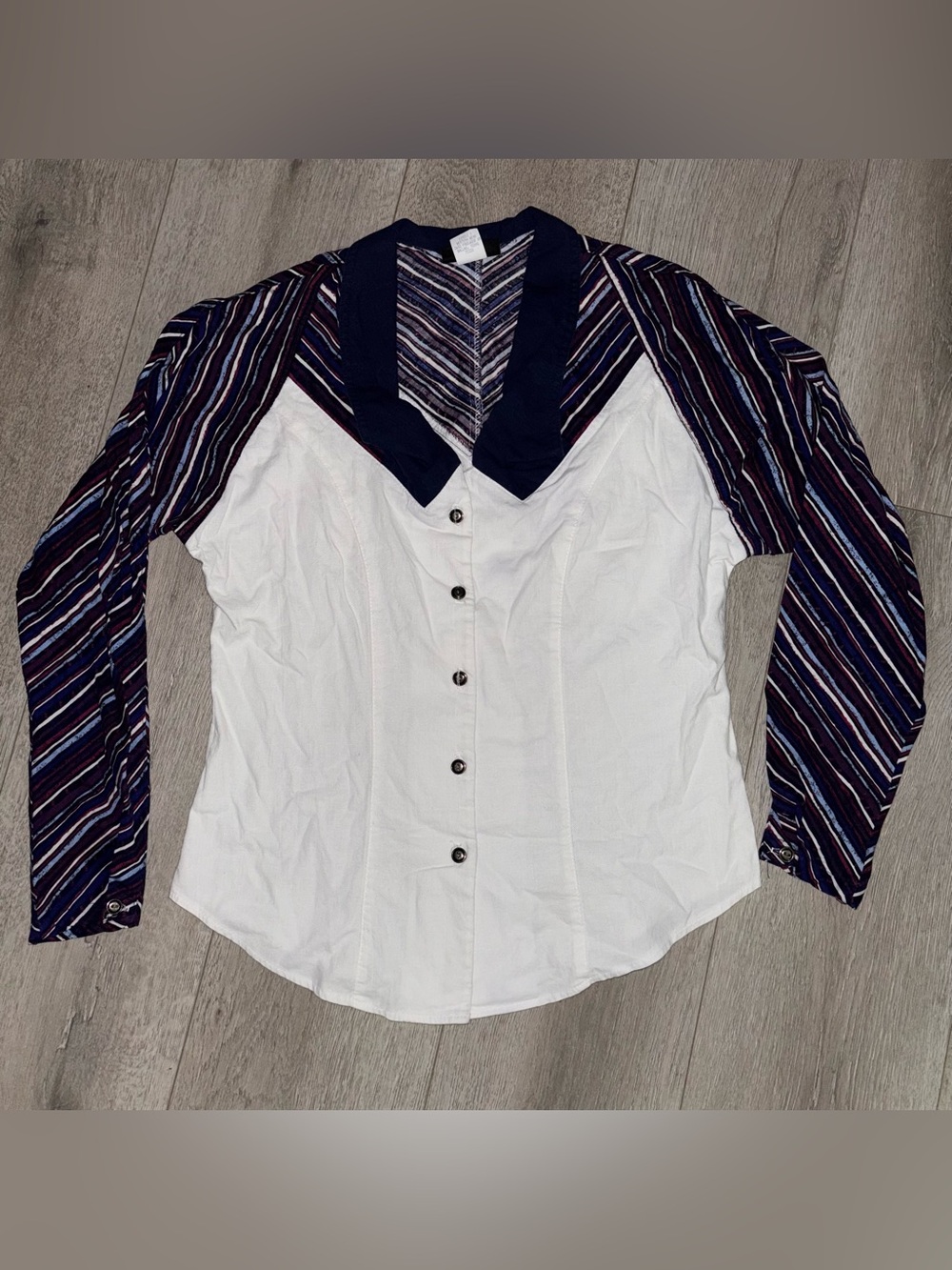White Button-Front Women's Shirt with Navy Striped Sleeves